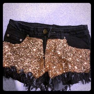 Black frayed Jean Shorts with Metallic Gold Sequins